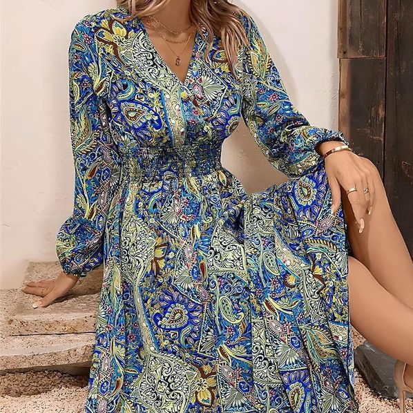 Ethnic Fashion For Ladies - فستان نسائي بأكمام طويلة ورقبة على