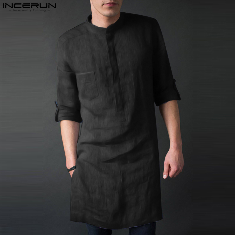 Kurta Men Cotton - INCERUN الرجال طويلة الأكمام ميدي الرجال