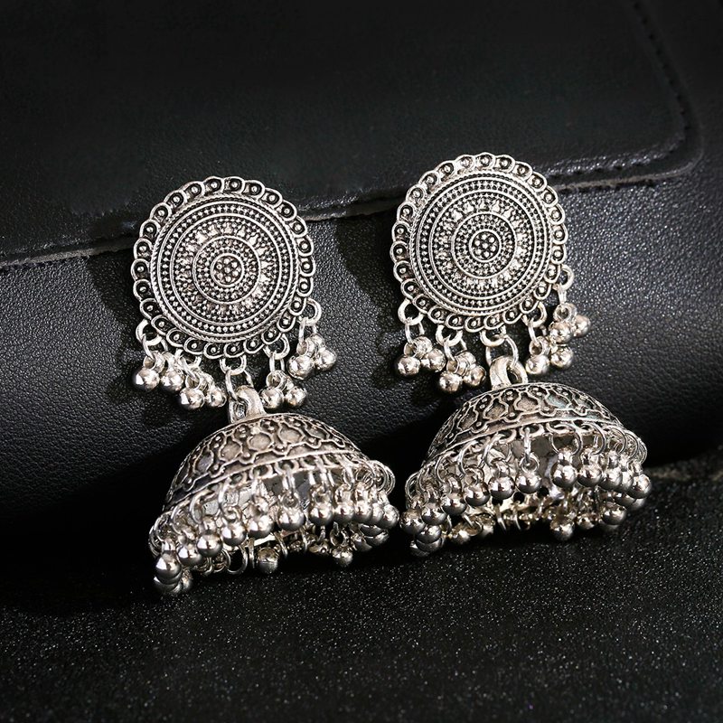 Ethnic Indian Fashion - أقراط نسائية عرقية فضية اللون ،