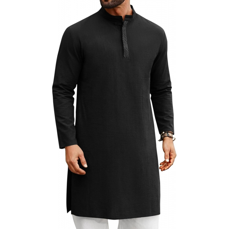 Kurta Men Cotton - قفطان رجالي طويل الأكمام، قميص هنلي